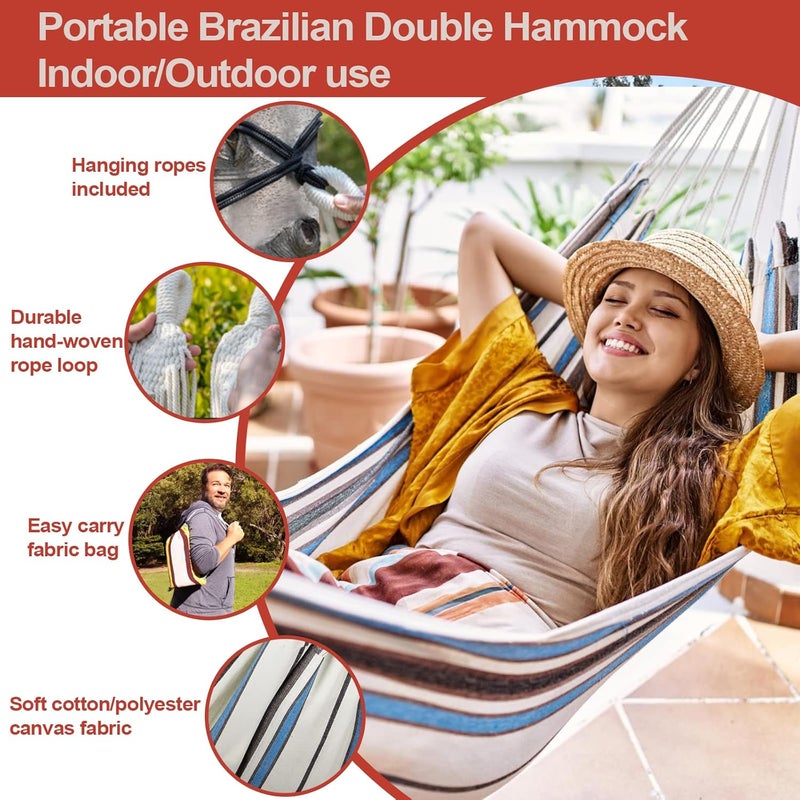 JoyView Brazilian Hammock for Single Person Portable Hammock with Hanging Ropes & Carry Bag Large 78.8x39.4” for Patio 300LBS Capacity Perfect for Outdoor/Indoor - Red Stripes - Image 3